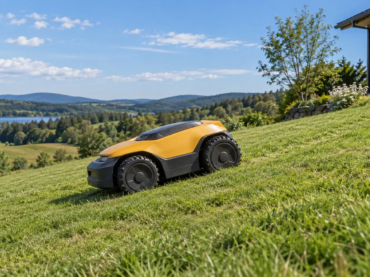 A yellow robot mower crossing a sloped lawn